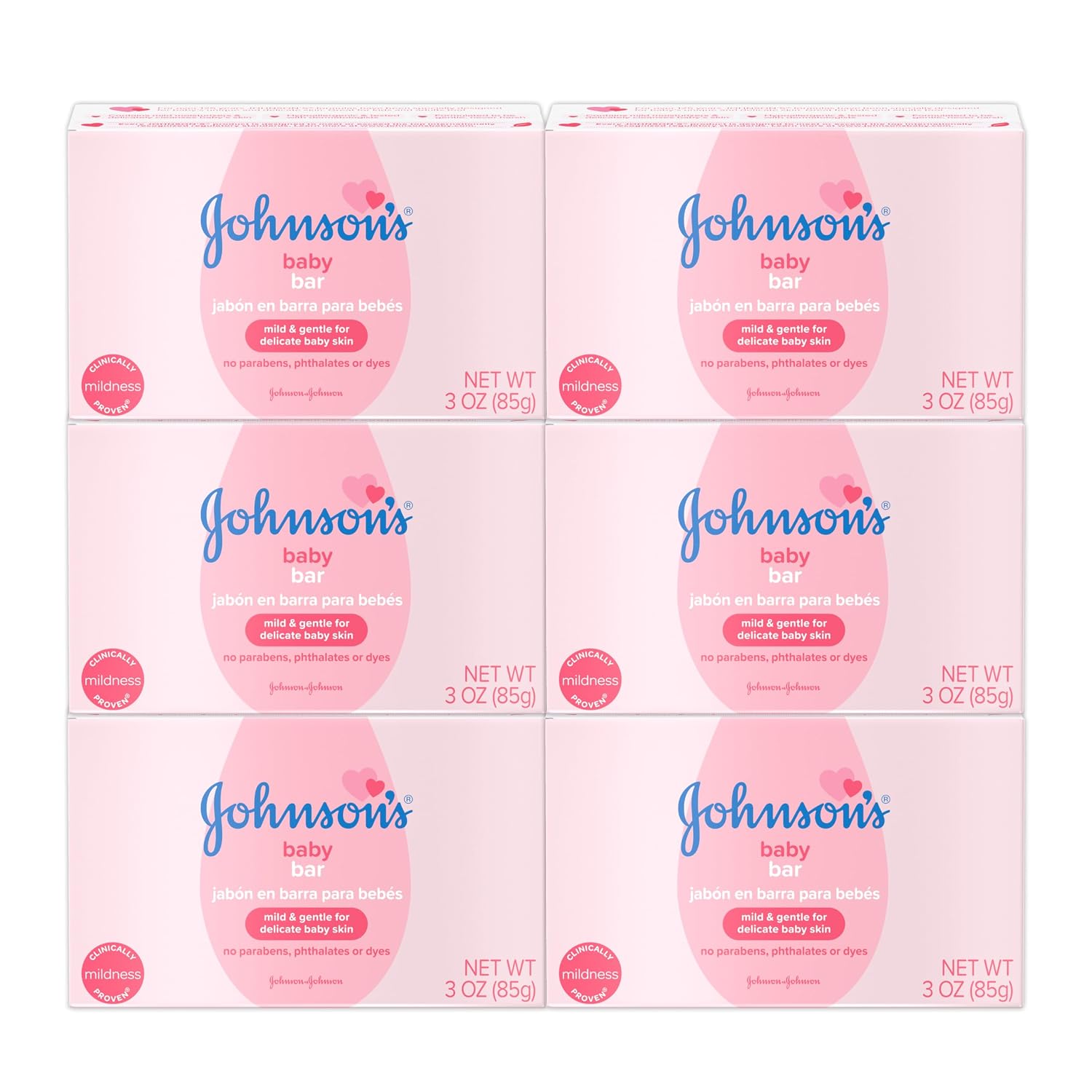 Johnson's Baby Body Soap Bar, Gentle for Baby Bath and Skin Care, Hypoallergenic and Dermatologist Tested, Paraben Free, Phthalate-Free, Dye-Free, 3 oz (Pack of 6)