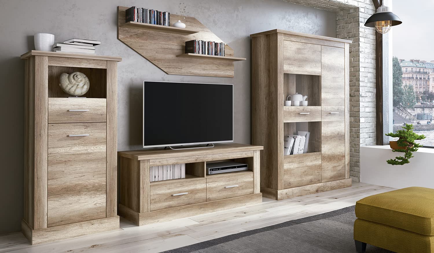 PEGANE Armoire vitrine, Buffet Haut Coloris Chêne Vieilli - Longueur 125 x Profondeur 41,80 x Hauteur 174,70 cm