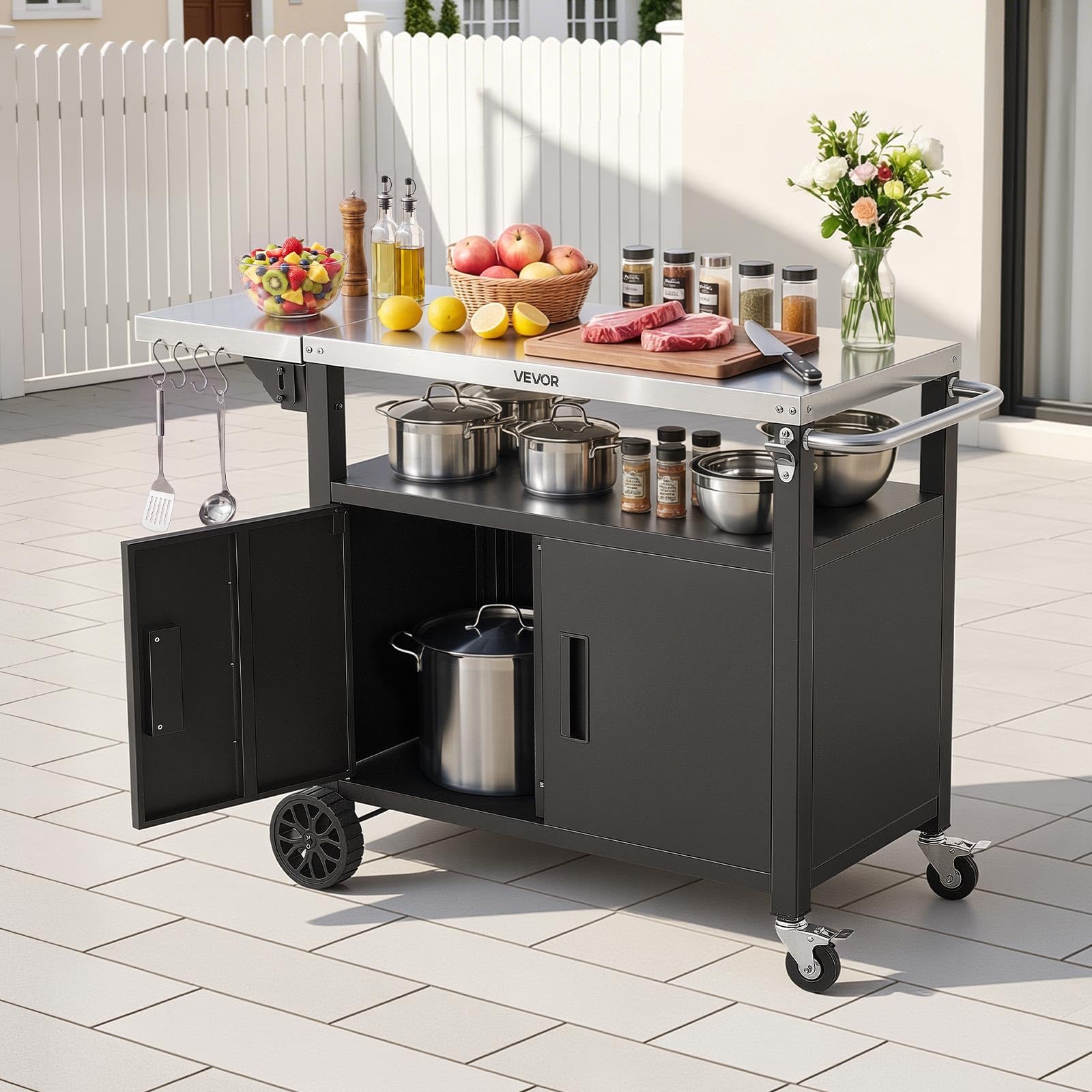 VEVOR Carrello per Barbecue da Esterno, Tavolo Carrello Portaoggetti Ripiano Preparazione Piatti Cibi 124 cm, Mobiletto con Ruote Impermeabile da Giardino Cortile Picnic Campeggio Isola Cucina