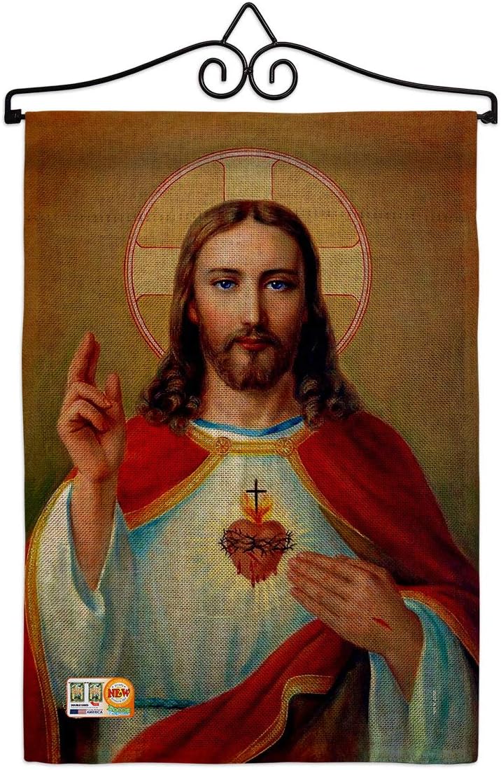 Jesus Sacred Heart Burlap Garden Flag Set Wall Hanger Religious Faith Hope Grace Peace Dove Christian Religion Easter Small Decorative Gift Yard House Banner Double-Sided Made In USA 13 X 18.5