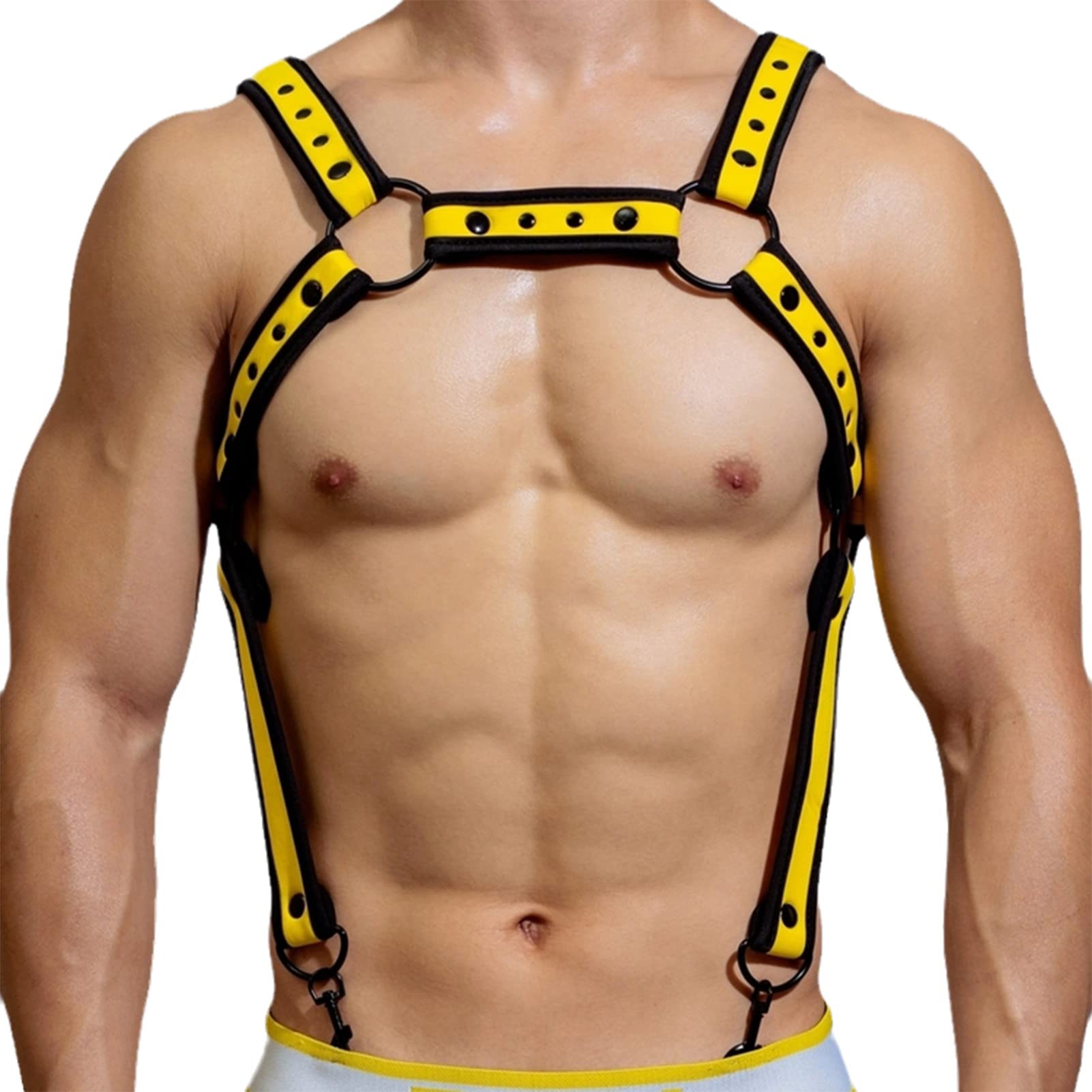 Herren Body Brust Harness Leder-Optik Riemen Geschirr Punk Gürtel Mit Kontrastfarbenem Besatz, Doppelte Schultergurte Einstellbar Schnalle Toll Mit String(One Size, Yellow)