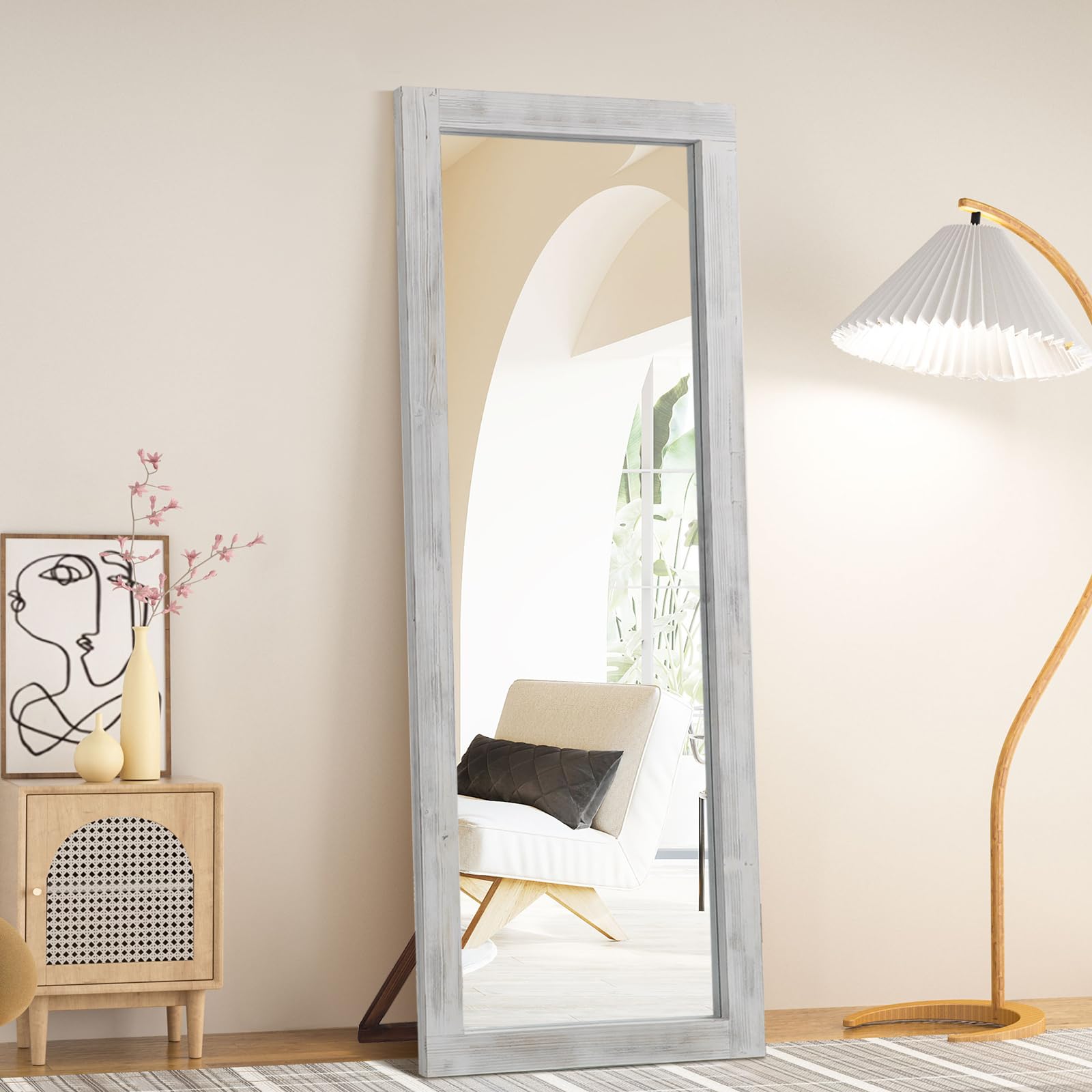 Rustic Farmhouse Full Length Mirror, 64"x21" Weathered White Wooden Frame Floor & Wall Leaning Full Body Mirror for Bedroom & Living Room
