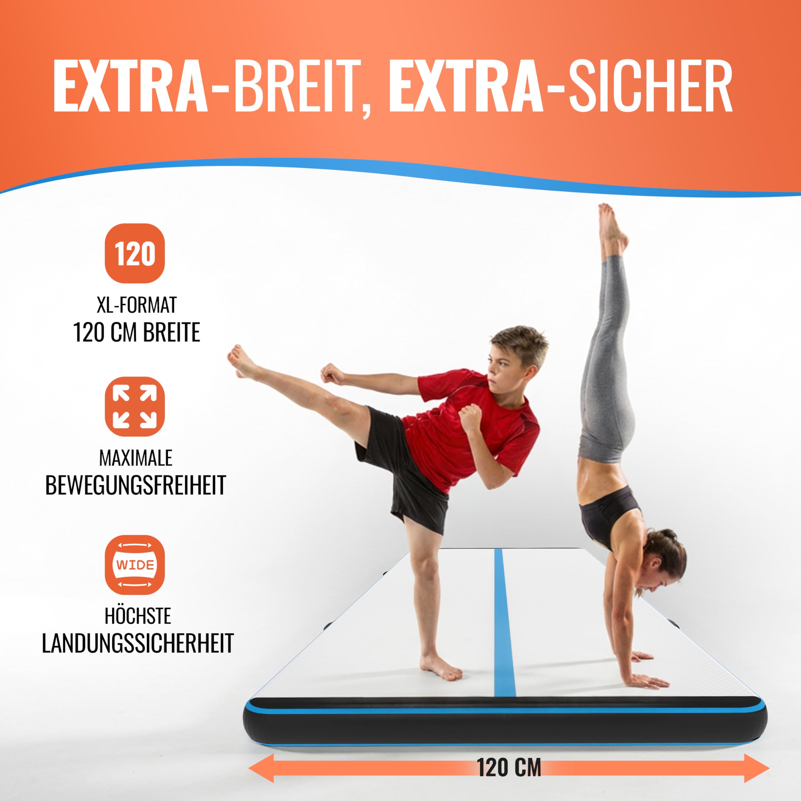 AthleticPro Airtrack Matte [3 m/4 m/5 m di lunghezza] – 120 cm di larghezza – 10/20 cm di altezza – Tappetino gonfiabile per ginnastica e acrobazie, con pompa elettrica, kit di riparazione e borsa