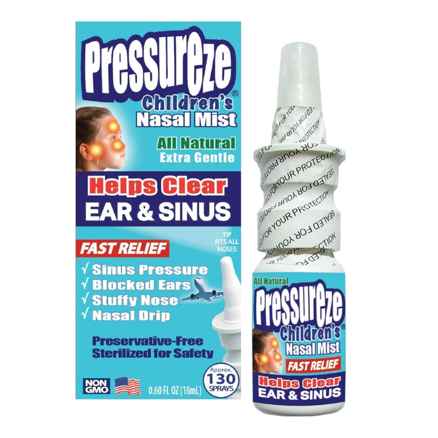 Pressureze All Natural Preservative-Free Sterile Nasal Spray for Children - Fast Relief Nasal Spray - for Sinus Allergies & Congestion | 130 Sprays, 18 ml