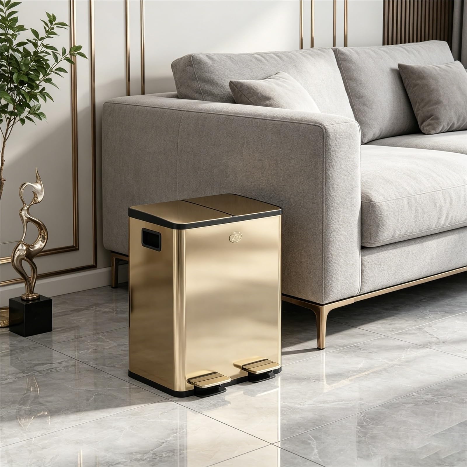 TYNGBT Recycling Trash Can Dual Compartment, Touchless Stainless Steel Kitchen Bin with Dual-Lid, Odor Filter, for Home Waste Sorting