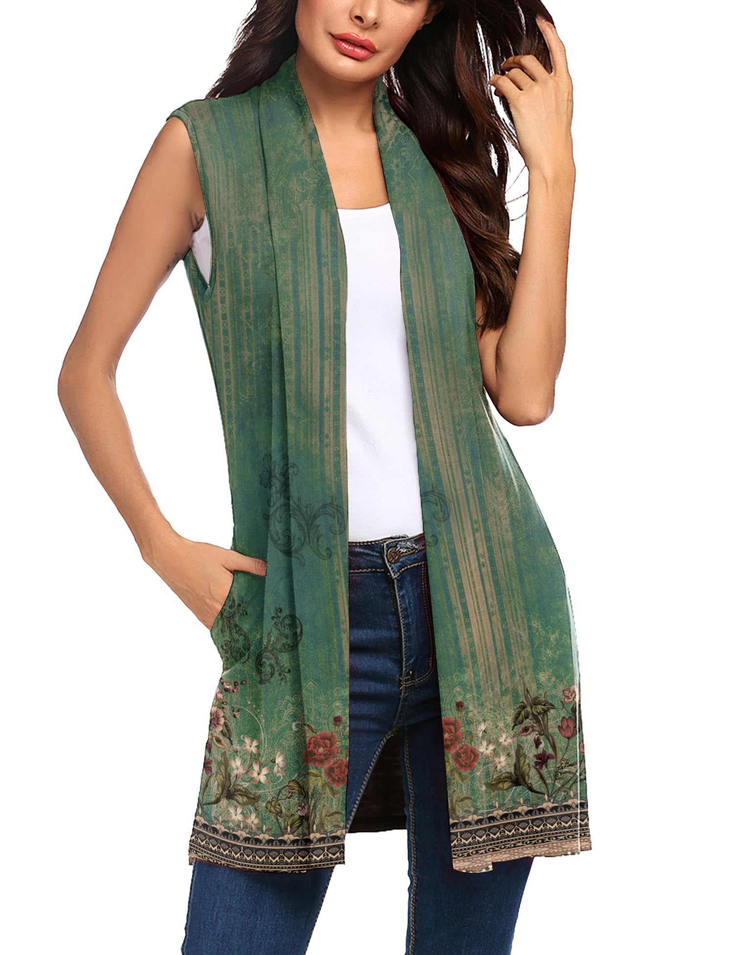 Beyove Womens Long Vests Sleeveless Draped Lightweight Open Front Cardigan Layering Vest with Side Pockets
