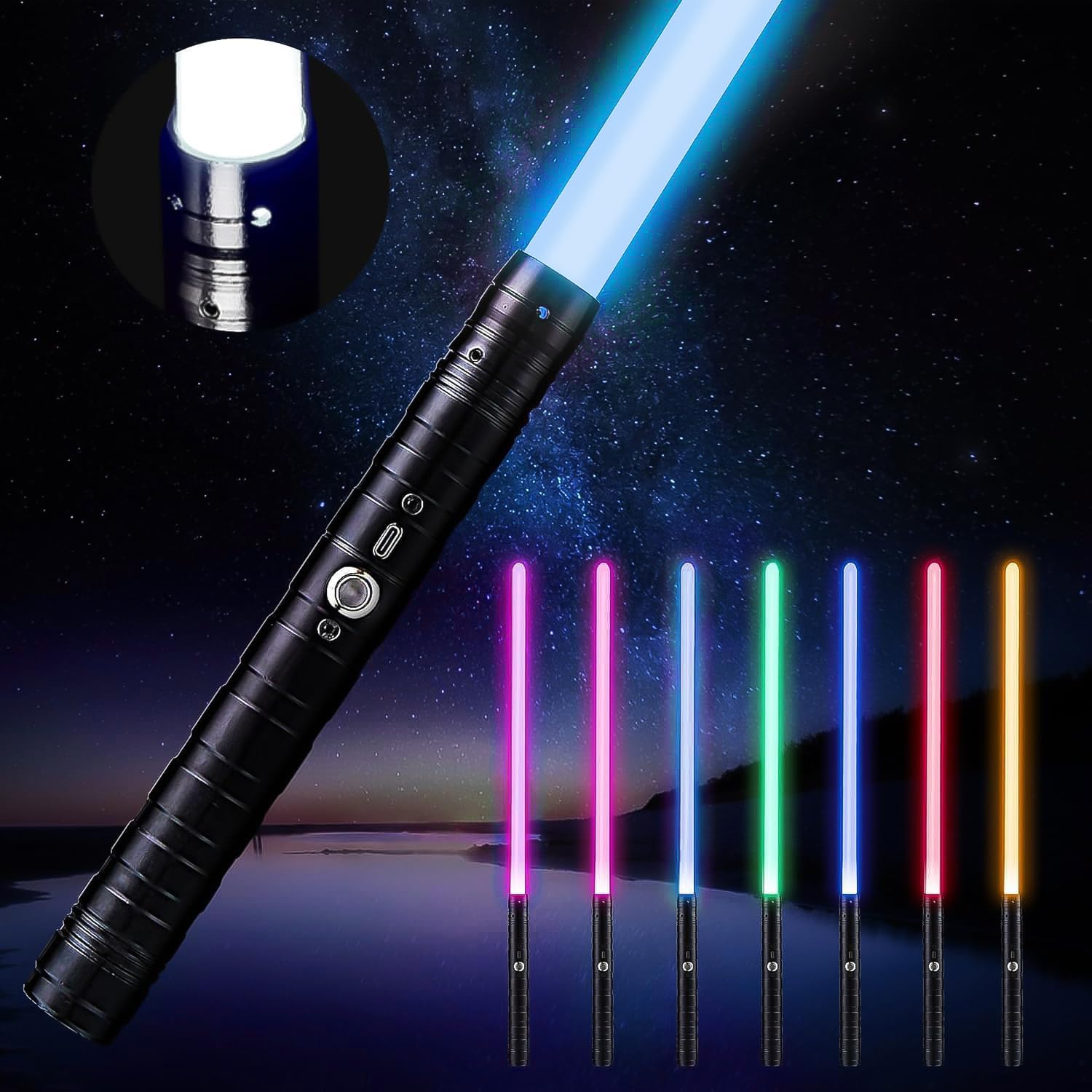 Dueling Metal Hilt 7 Colors Changeable FX Lightsaber, 3 Sound Fonts Black Series Light for Real Heavy Dueling for Star Wars Cosplay Party, Birthday Gift (77cm)