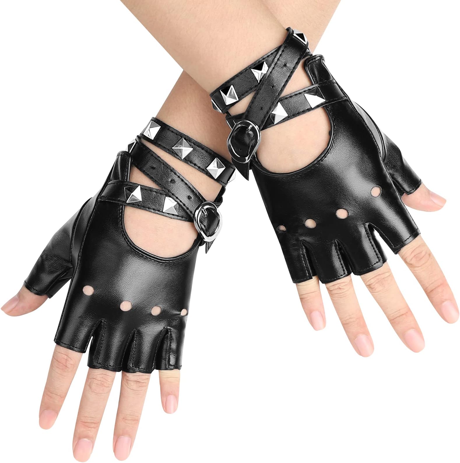 Leather Punk Gloves Fingerless Gloves for Women Driving Cycling Sports Cosplay Performance Half Finger Gloves for Women Teens Kids