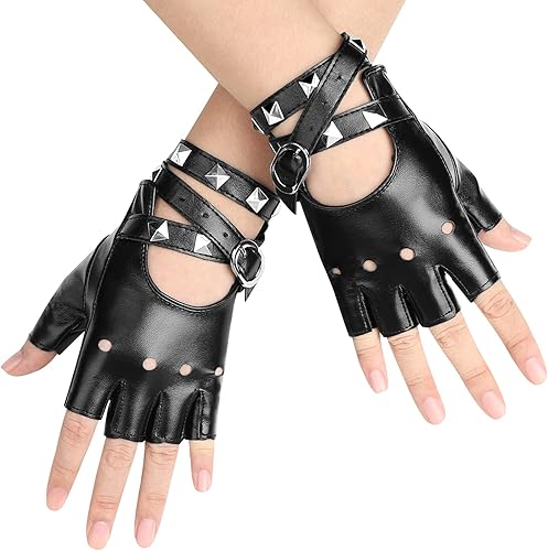 Accmor Guantes de cuero punk, guantes sin dedos para mujeres, conducción, ciclismo, deportes, cosplay, rendimiento, guantes de medio dedo para