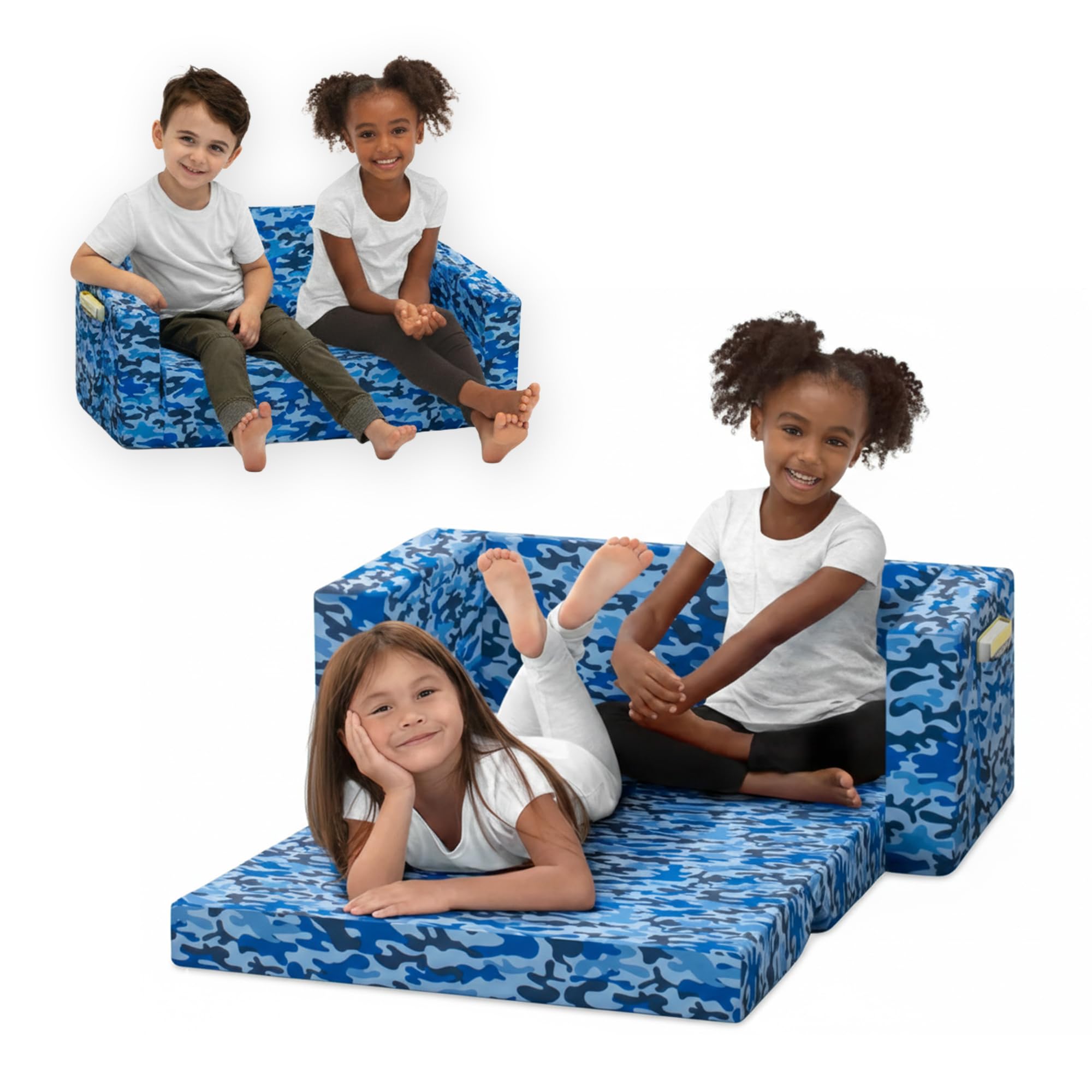 Delta Children Cozee 2-in-1 Sofa, 2-Seater Convertible Toddler Couch Sleeper, Wide 2-in-1 Flip Open Foam Chair for Playroom, Pet-Friendly, Bed Lounger, Comfy Play Sleeping Lounge Chair, Blue Camo