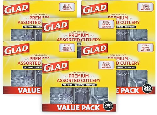 Glad Cubiertos de plástico desechables, juego surtido, tenedores, cuchillos y cucharas transparentes extra resistentes, utensilios de fiesta