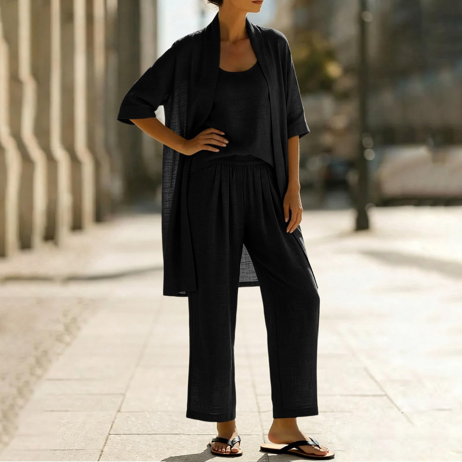 Ensemble 3 Pièces En Lin Pour Femme,Cardigan Ouverte Et Débardeur Et Pantalon Large,Tenue Décontractée Confortable Et Respirante Casual Outfits Set Grande Taille Jogging Ensemble De Plage