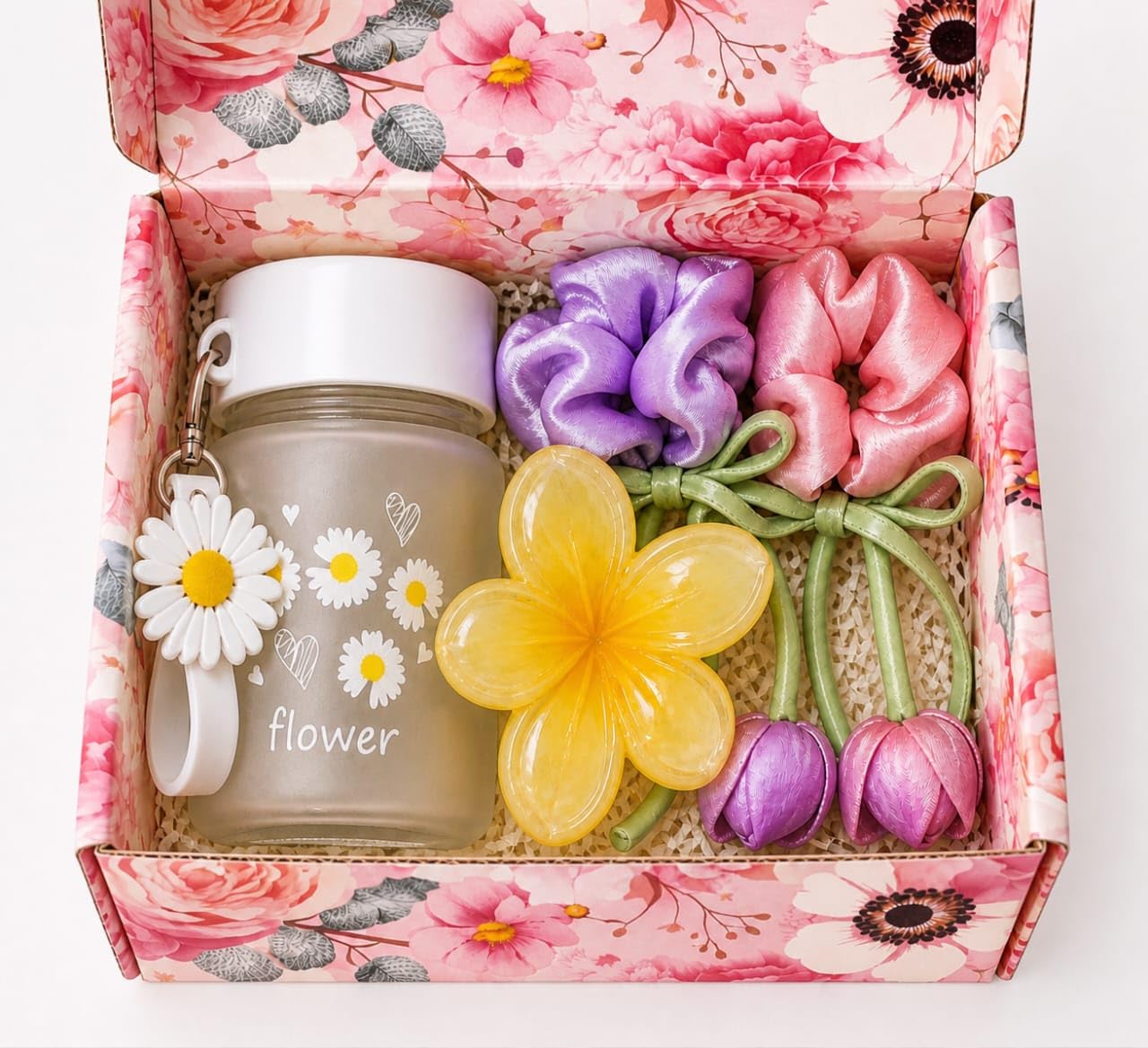 Floral Gift Set for Girls & Women with Glass Jar, Scrunchies & Hair Accessories | Cute Aesthetic Gift Hamper for Birthday, Valentine, Best Friend-image-26