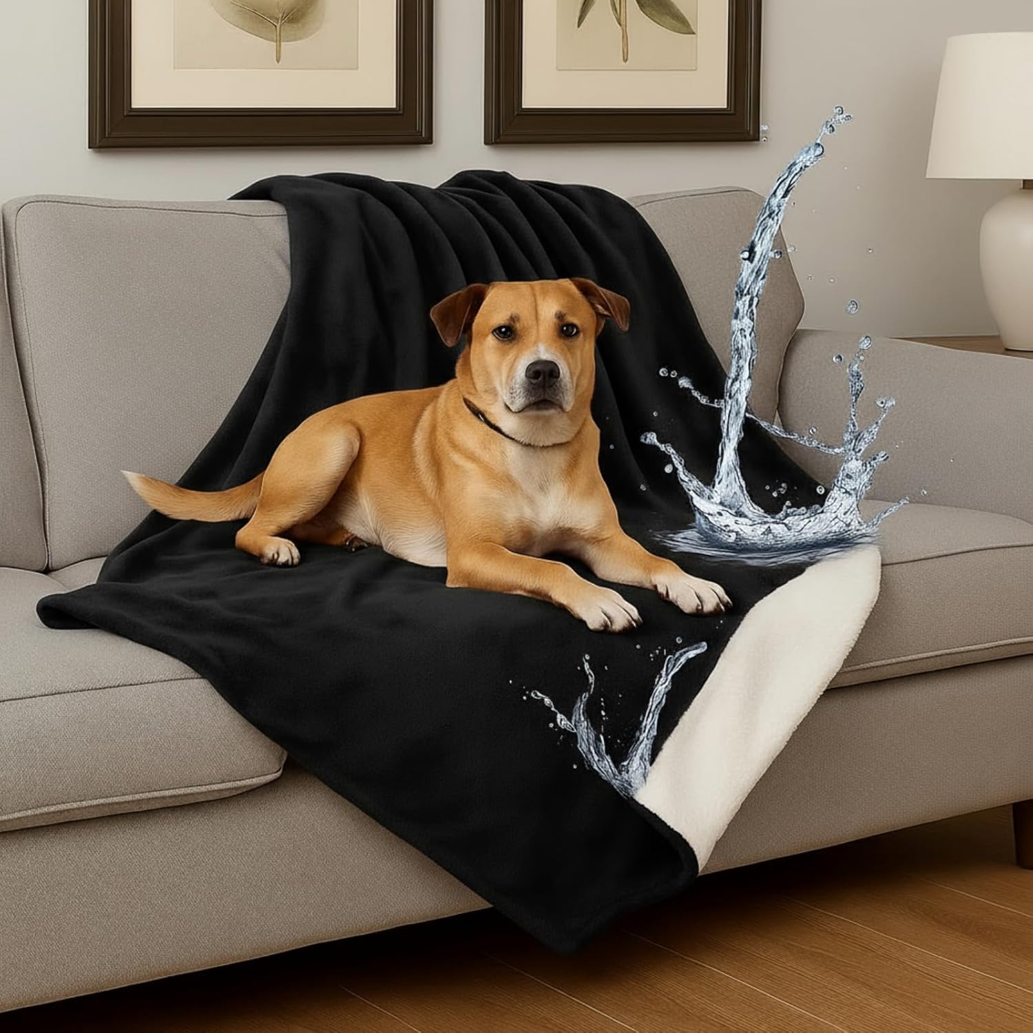 King Size Waterproof Blanket for Bed Couch, 80'' x 80'' Double Side Leakproof Reversible Sherpa Flannel Fleece 3-Layer Lightweight Blanket, Absorbs 70oz(Black/White), Machine Washable