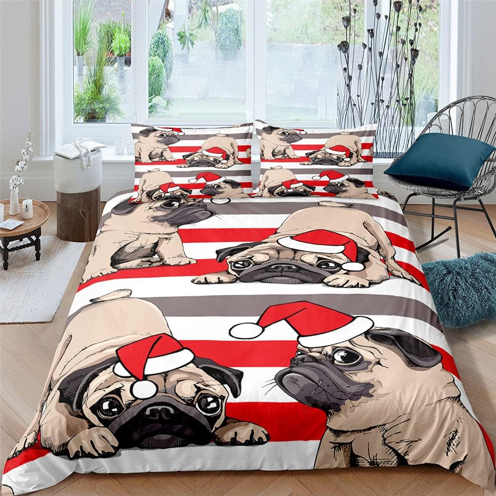 Juego de Ropa de Cama de Rayas Navideñas 3D 200x200 Cute Pug Dog Kids Funda Nórdica Doble King Size Luxury Dormitorio decoración Funda de Edredón para Niños Niñas Niños Juego de Edredón,Doble
