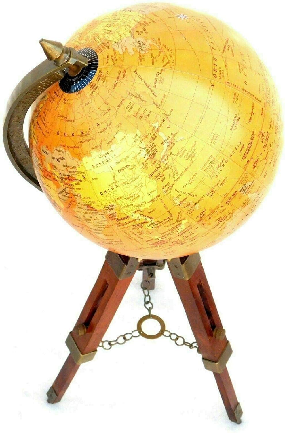 Antique Brass World Map Nautical Table Globe Ornament with Wooden Tripod Stand