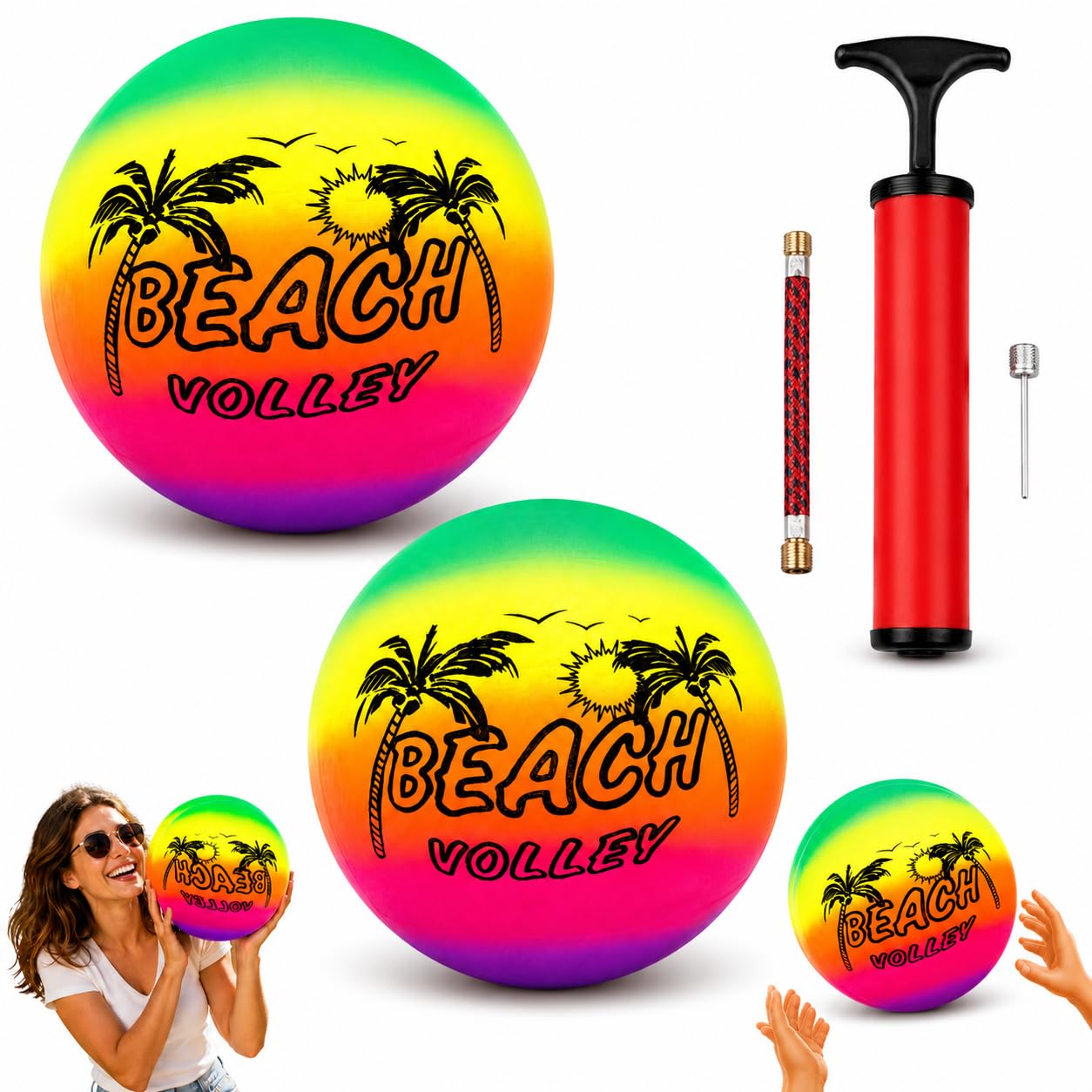3 Pack Rainbow Beach Volleyball Set with Bicycle Pump, Includes 2x Inflatable PVC Volleyballs & 1x Mini Air Pump with Needle Pin Adapter, Kids Outdoor Games Toy for Pool, Garden & Summer Fun, Age 3+