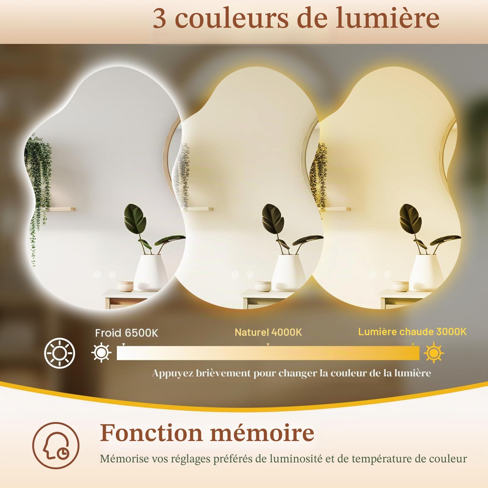Clevich Miroir de Salle de Bain avec éclairage asymétrique 90 x 60 cm, Miroir LED avec 3 Couleurs de lumière à intensité Variable, Verre trempé, Interrupteur Tactile, Fonction mémoire, Anti-buée
