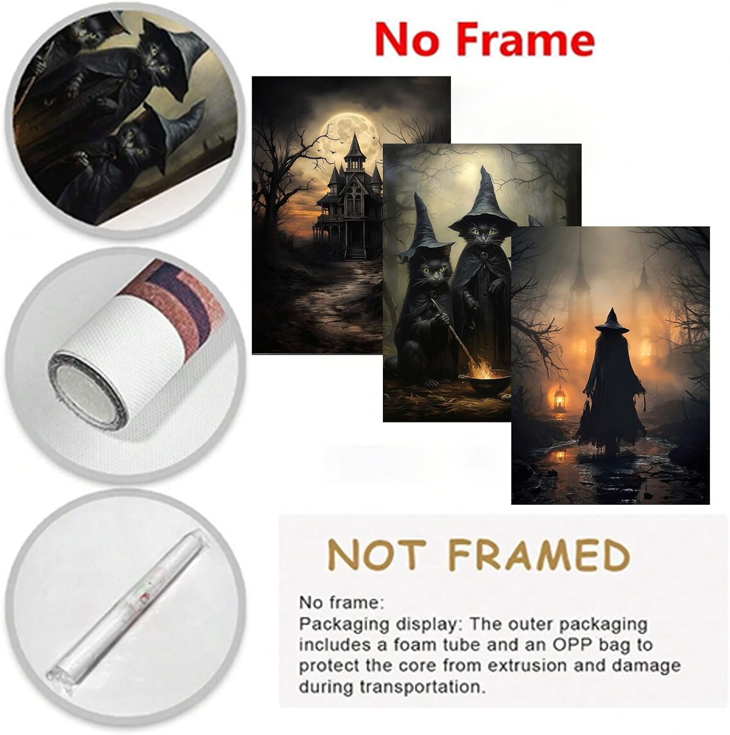 3pcs Halloween Canvas Wall Art Dark Academia Scary Witch Black Cat Castle Posters Prints Thriller Horror Gothic Wall Decor Pictures for Halloween Party House Decoration Unframed