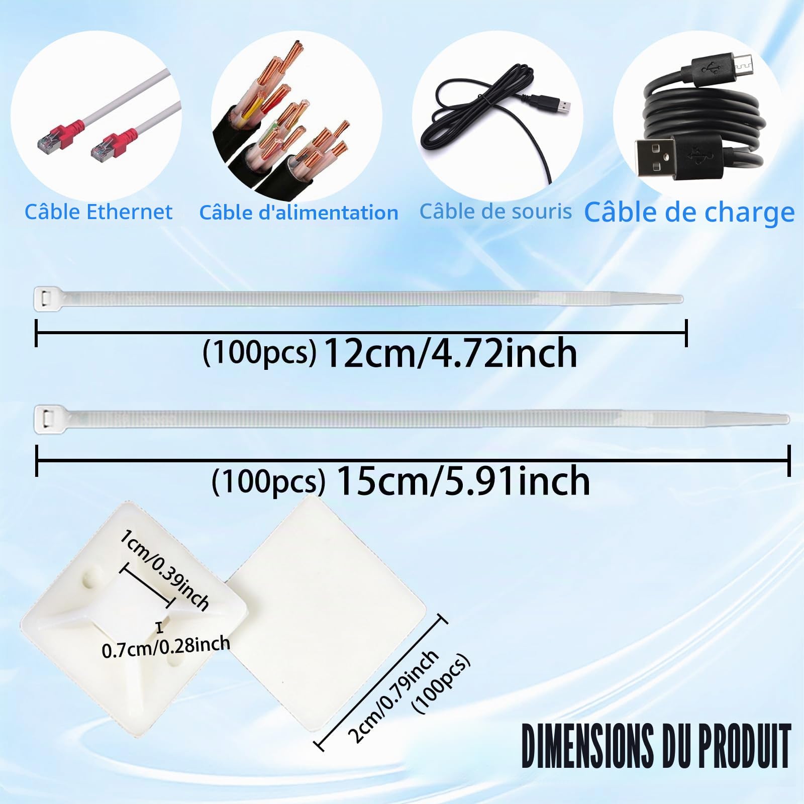 Attaches de câble adhésives blanches 120 mm/150 mm Lot de 200