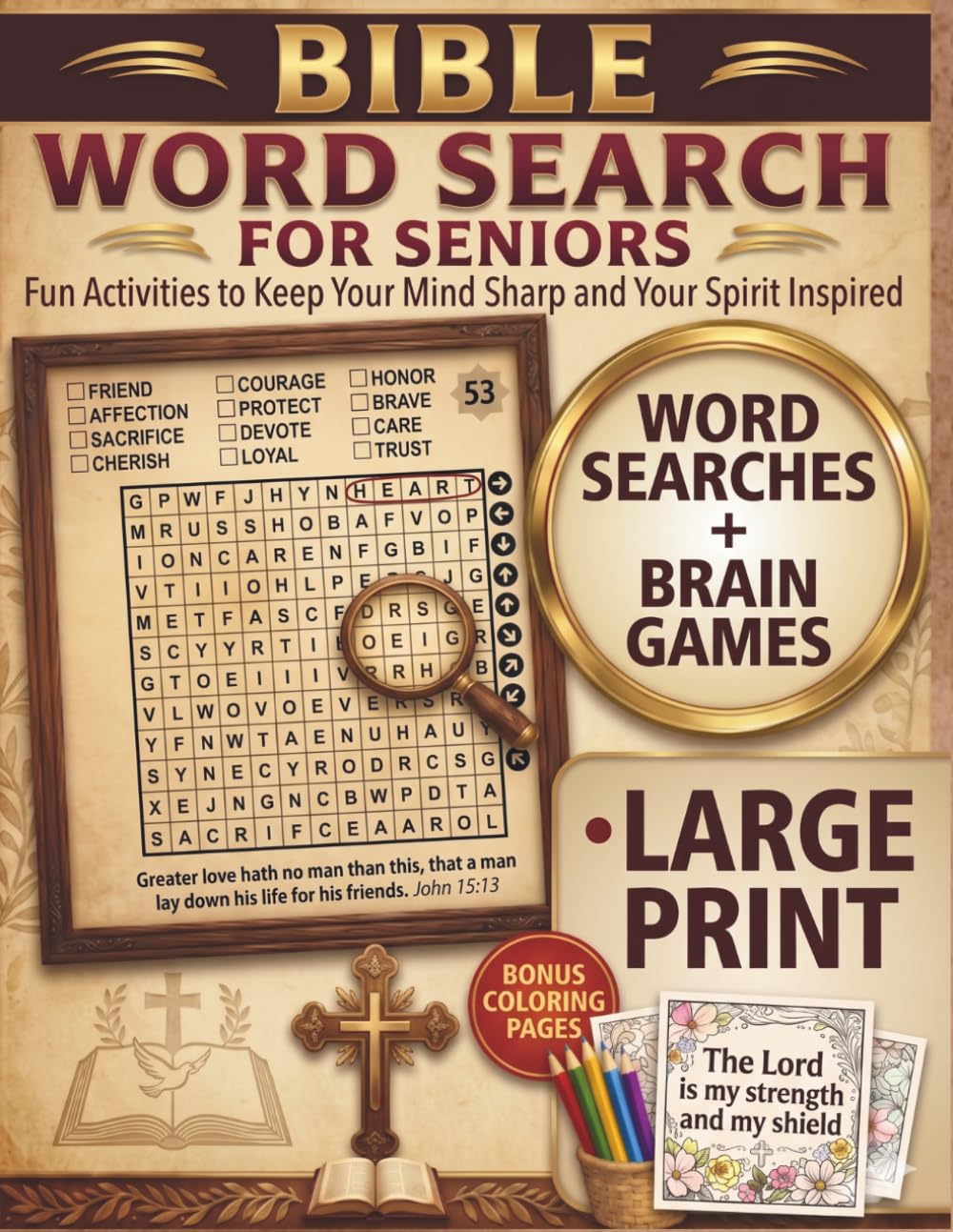 Bible Word Search for Seniors: Large Print Brain Games, Memory Activities, Logic Puzzles and Bible Verse Coloring Pages