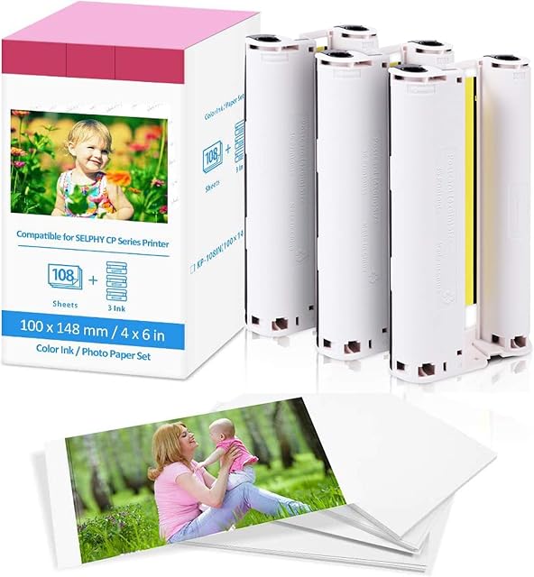 Replacement Canon Selphy CP1300 Ink and Paper CP1200 CP910 CP1000, Photo Paper KP-108IN Compatible with Canon Selphy CP Printer, 3 Ink Cartridges and 108 Sheets Printer Paper (4 x 6 inch)