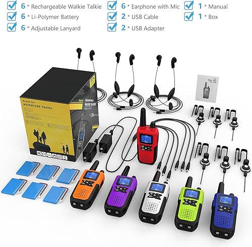 Vista 8 de Walkie Talkies Rechargeable for Adults Long Range with Earpiece NOAA Weather Alert, Multi-purpose 2 Way Radio 6 Pack for Team Work Senior Care Kid