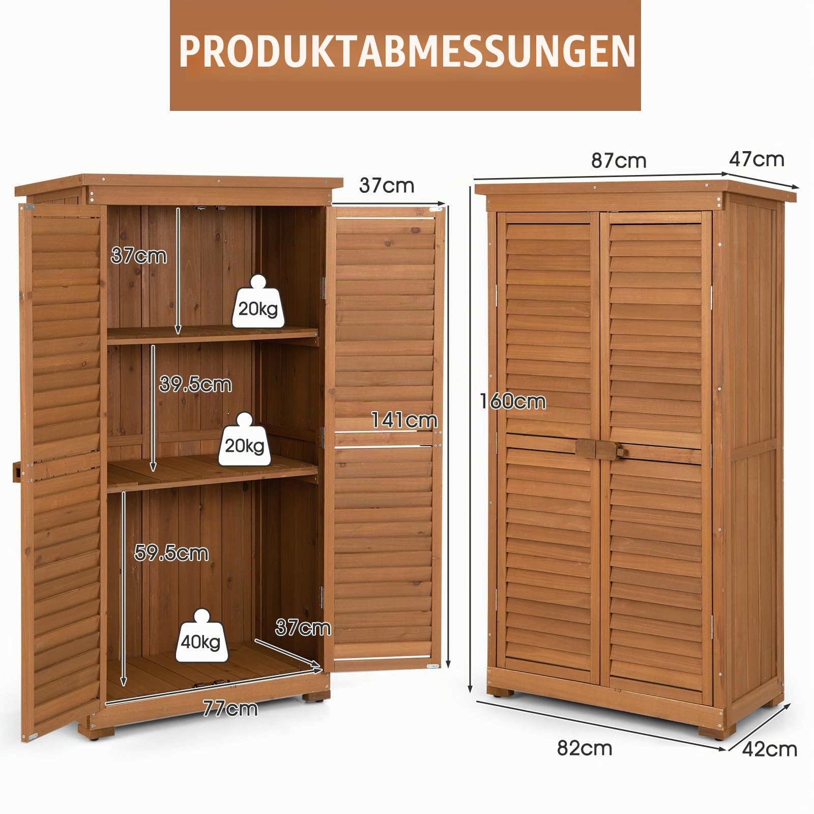 HOMASIS Gartenschrank Holz, Gerätehaus Wetterfest Outdoor, 87x47x160cm, Gartenhaus mit 2 verstellbaren Regalen, Geräteschuppen mit Asphaltdach, Geräteschrank Gartenschuppen Holzschuppen, Natur