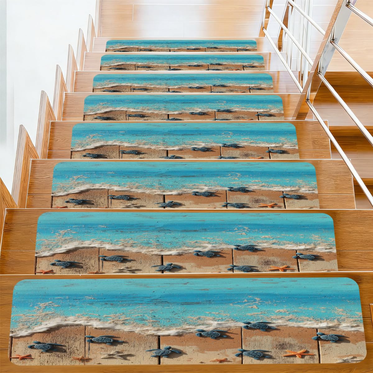 Peldaños para Escaleras con Diseño de Madera Costera y Estrellas de Mar en Alfombras de 20x76 cm