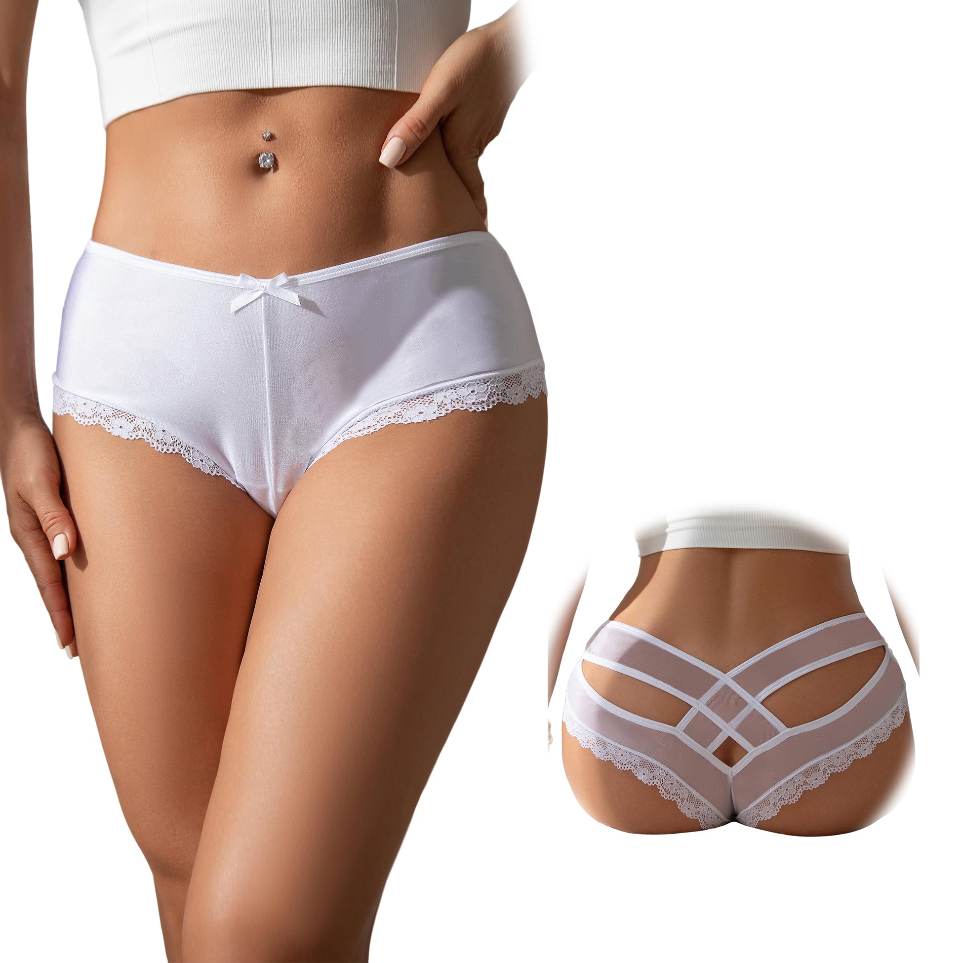 ohyeah Womens Underwear Sexy Lace Hipster Panties for Women Cheeky Cotton Crotch Crisscross Strappy Boyshorts Panties XS-4XL: 3X-Large-4X-Large 1 - White