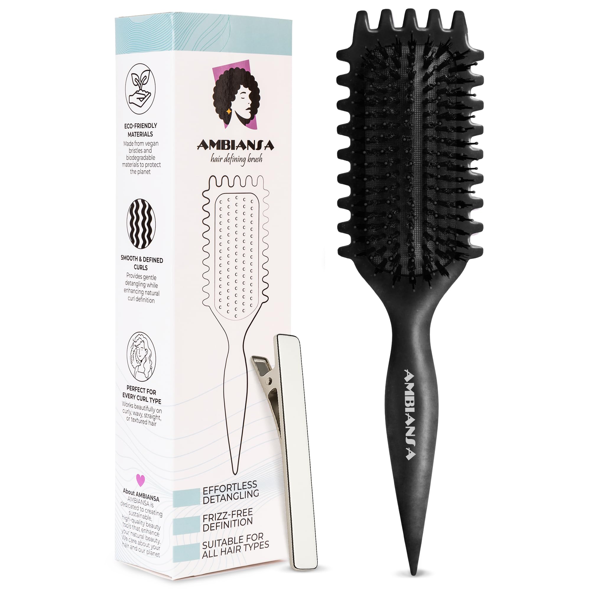 Photo 1 of AMBIANSA Curl Defining Brush for Curly Hair – Vegan Boar Bristles, Edge Teeth for Shaping, Detangling & Frizz-Free, Shiny Curls (Black, Rectangular)