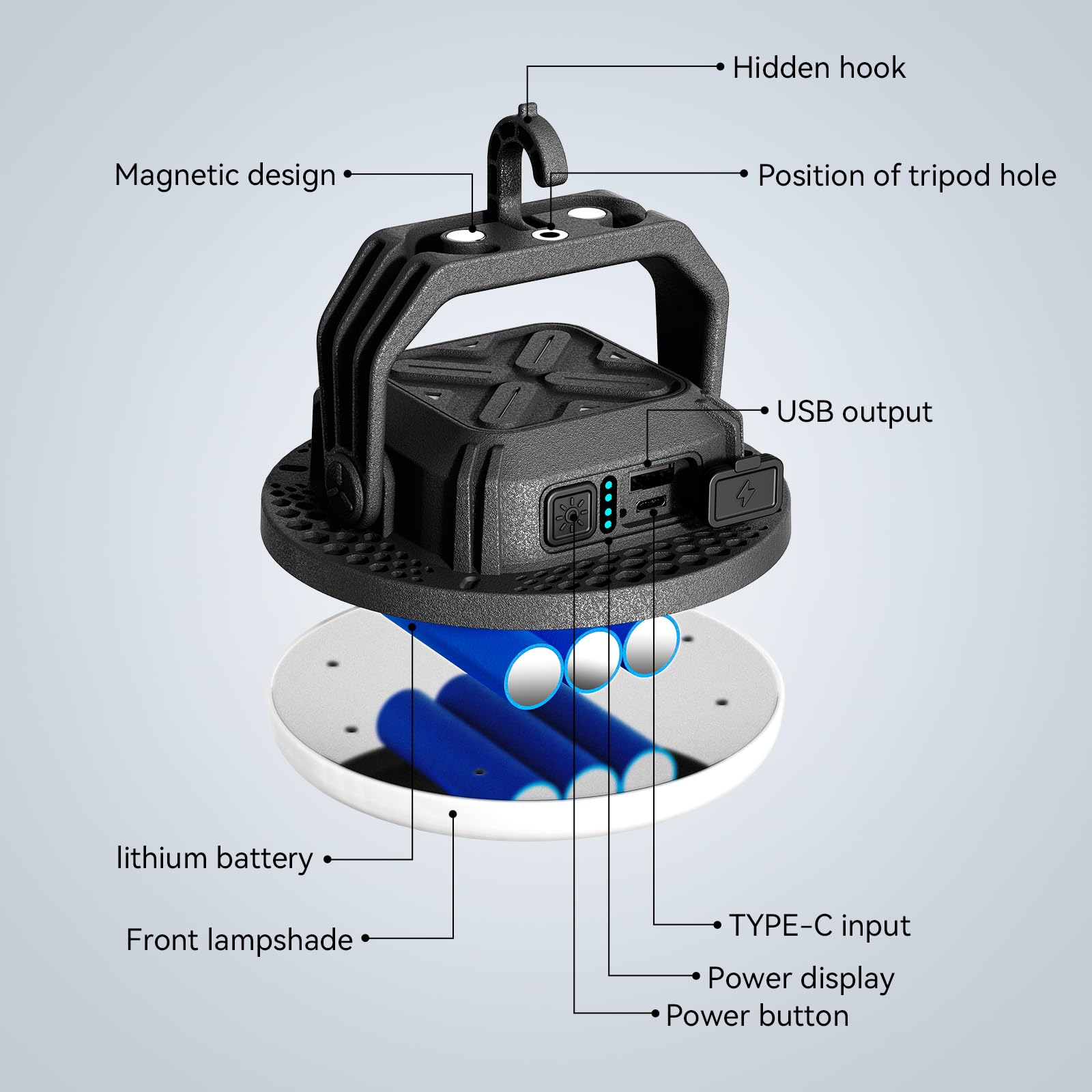 VAVOFO Lanterna da campeggio a LED ricaricabile da 30 W, 3000 lm, 3 modalità di illuminazione, power bank da 7200 mAh, torcia impermeabile IP65, luce portatile con base magnetica per emergenze