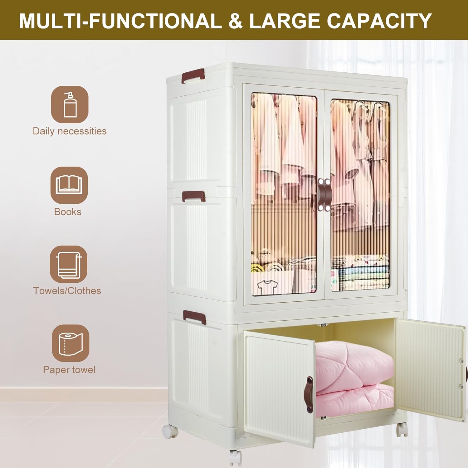 Portable Closet Wardrobe, Folding Storage Bins with Lid, Stackable Storage Box with Hanging Rod and Doors, Collapsible Plastic Clothes Cabinet with Wheels, 10 Hangers