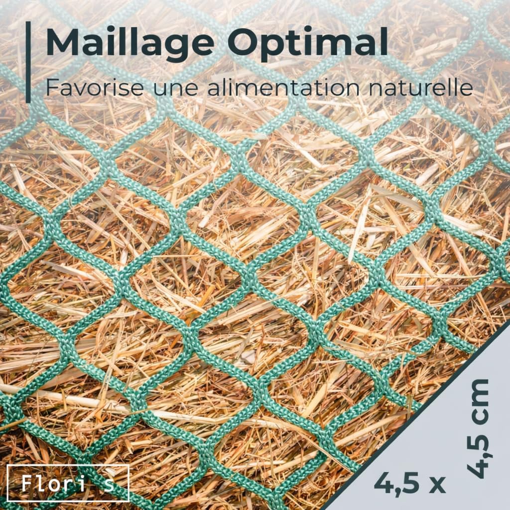 Flori's® Filet à foin pour balles rondes - Diamètre : 150 cm - Hauteur : 150 cm - Largeur des mailles : 4,5 x 4,5 cm - Filet à foin stable pour chevaux pour l'alimentation adaptée à l'espèce - Filet à