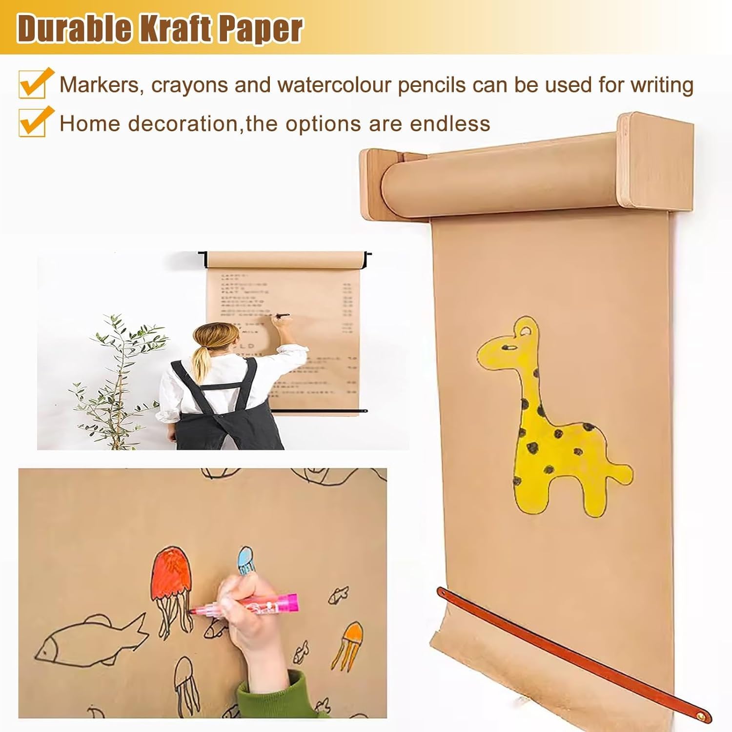 Drewniany uchwyt na rolkę papieru kraft, uchwyt dozownika na rolkę papieru studyjnego, z papierem kraft o długości 50 m(51cm/20in Wide)