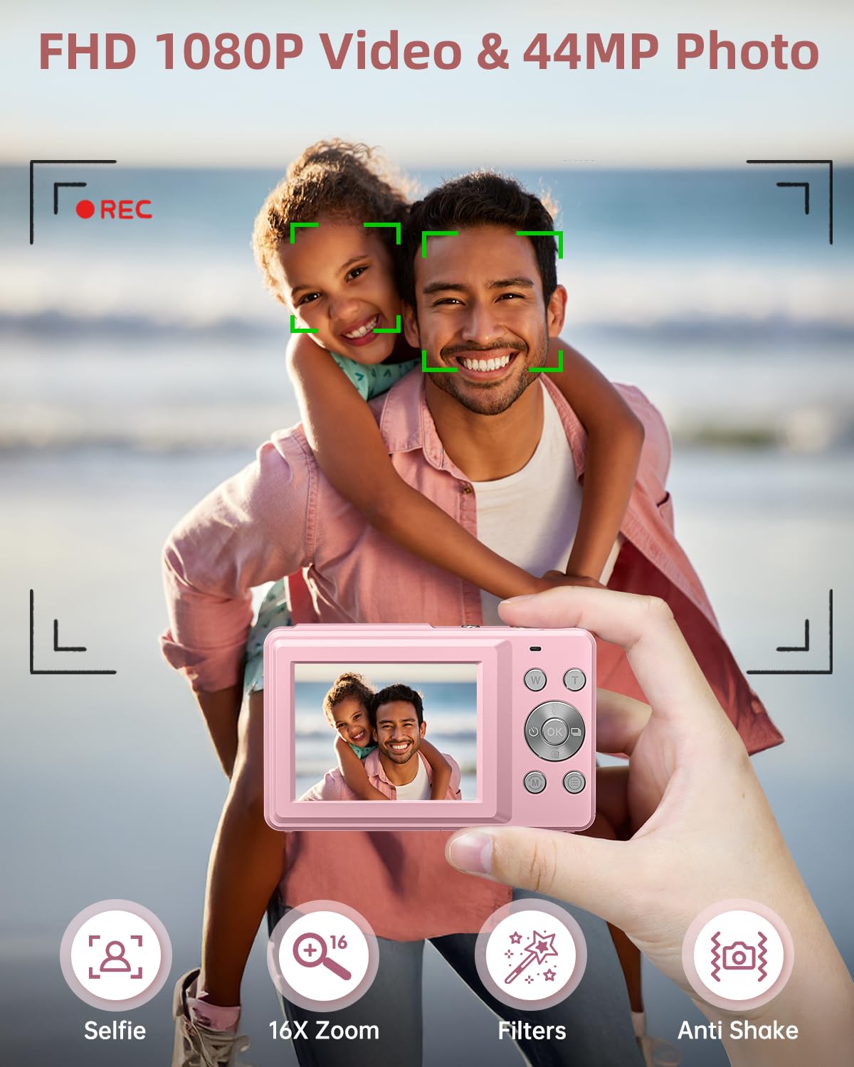 CAMKORY Digital Camera, Full HD 1080P Point and Shoot Camera, 44MP Kids Camera with 32GB Card, 16X Zoom, Pink — view 2