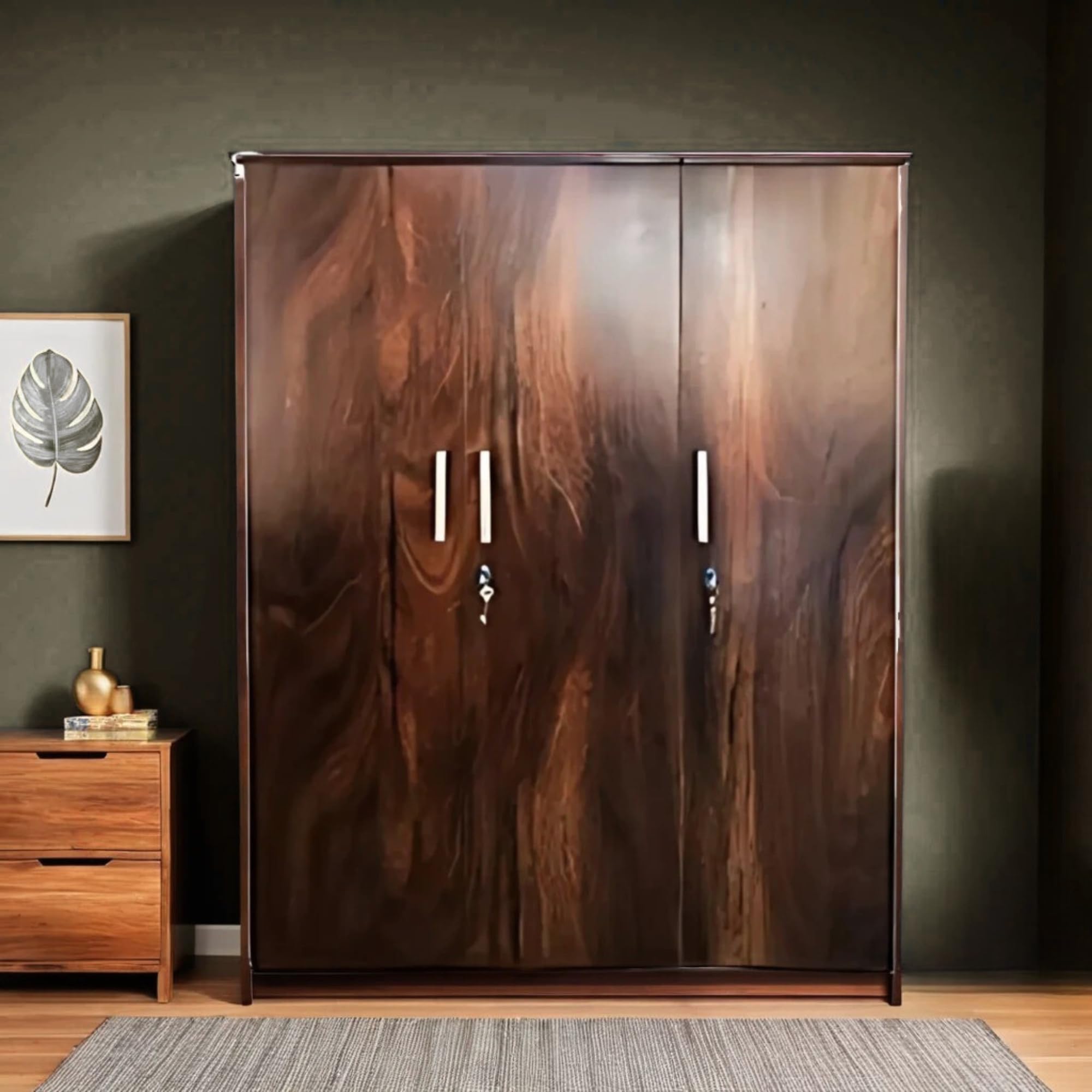 CASPIAN Furniture Brown 3 Door Wardrobe with Drawer Shelves Clothes for Bedroom Clothes Wooden Cupboard Almirah Home Storage Size 75 x 48 x 21 (Brown)-picture-12