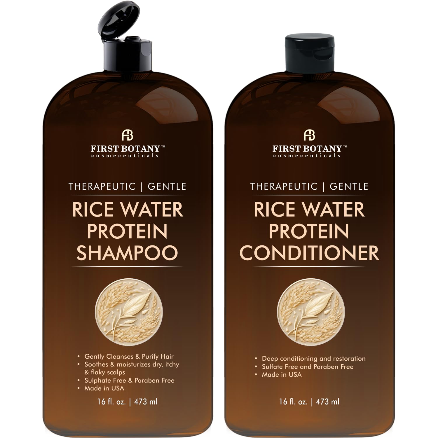 Rice Water Shampoo and Conditioner - Hair Thickening and Regrowth Formula, Anti-Thinning and Dandruff Treatment for Men & Women - Sulfate-Free, 16 oz x 2
