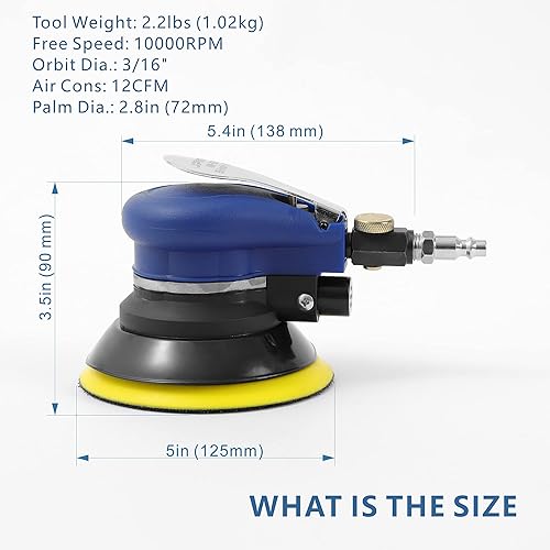Miniatura 2 de 5 inch Air Random Orbital Sander for Auto Body Work, Pneumatic Palm Sander with 10 Polishing Sponge & Wool Pads, 10 Sandpapers (5 Inch Kit)