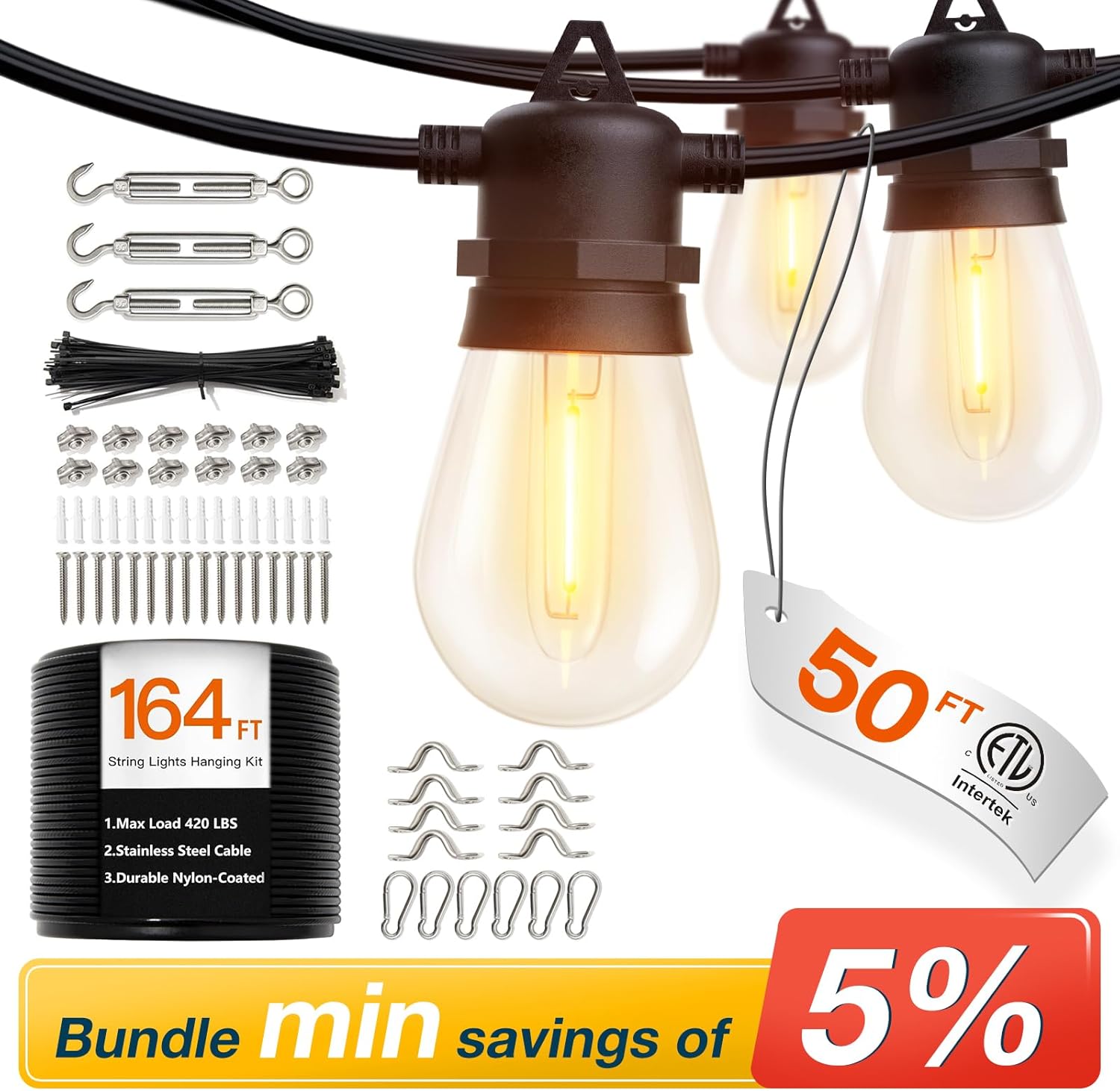 addlon 50FT LED Outdoor String Lights with 164FT Nylon Coated Stainless Steel Cable Hanging Kit