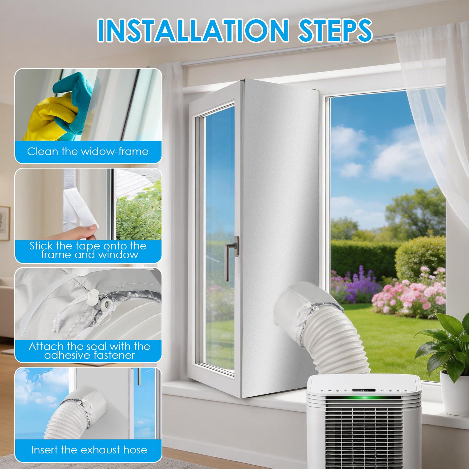 Ninonly 500CM Calfeutrage Fenetre Climatiseur pour Sèche-linge Climatiseur Bloque Efficacement l'air Chaud Convient aux Fenêtres, Lucarnes et Fenêtres Coulissantes(Cordon de Serrage)