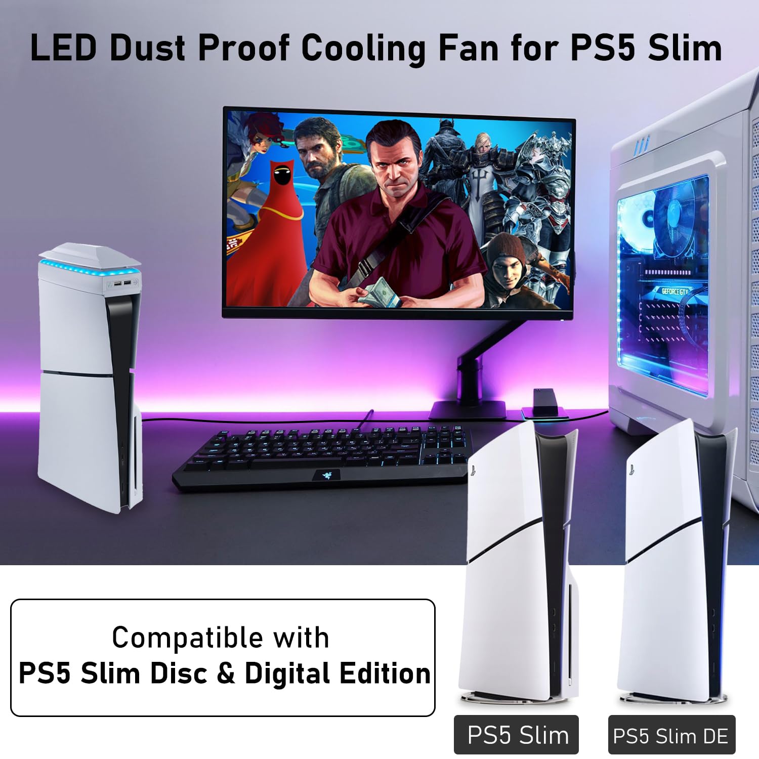 Tendak Ventilador para PS5 Slim Refrigerador LED Superior con Luz RGB, Doble Puerto USB 2.0 3 Velocidades Ajustables para Playstation 5 Slim Disc & Digital Console