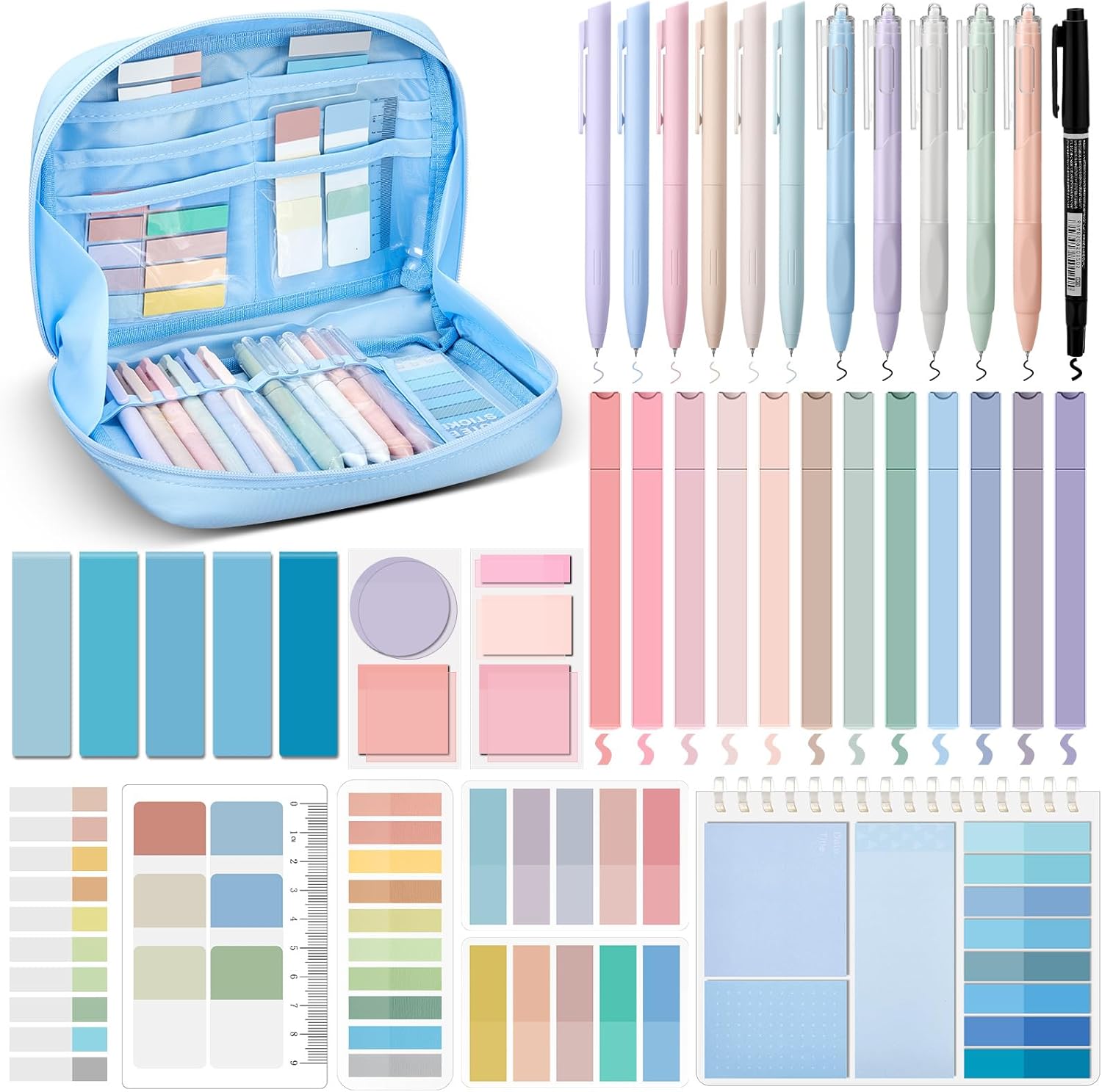 Jutom 41 Pcs Aesthetic Book Annotation Kit with Pencil Bag Bible Journaling Kit Notebook Sticky Note Tab Highlighter Black Ink Pen Page Marker School Office Supplies Bible Lover Gift(Blue)