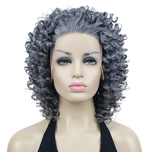 Lydell Pelucas de encaje frontal de 10 pulgadas, peluca rizada gris natural sintética resistente al calor