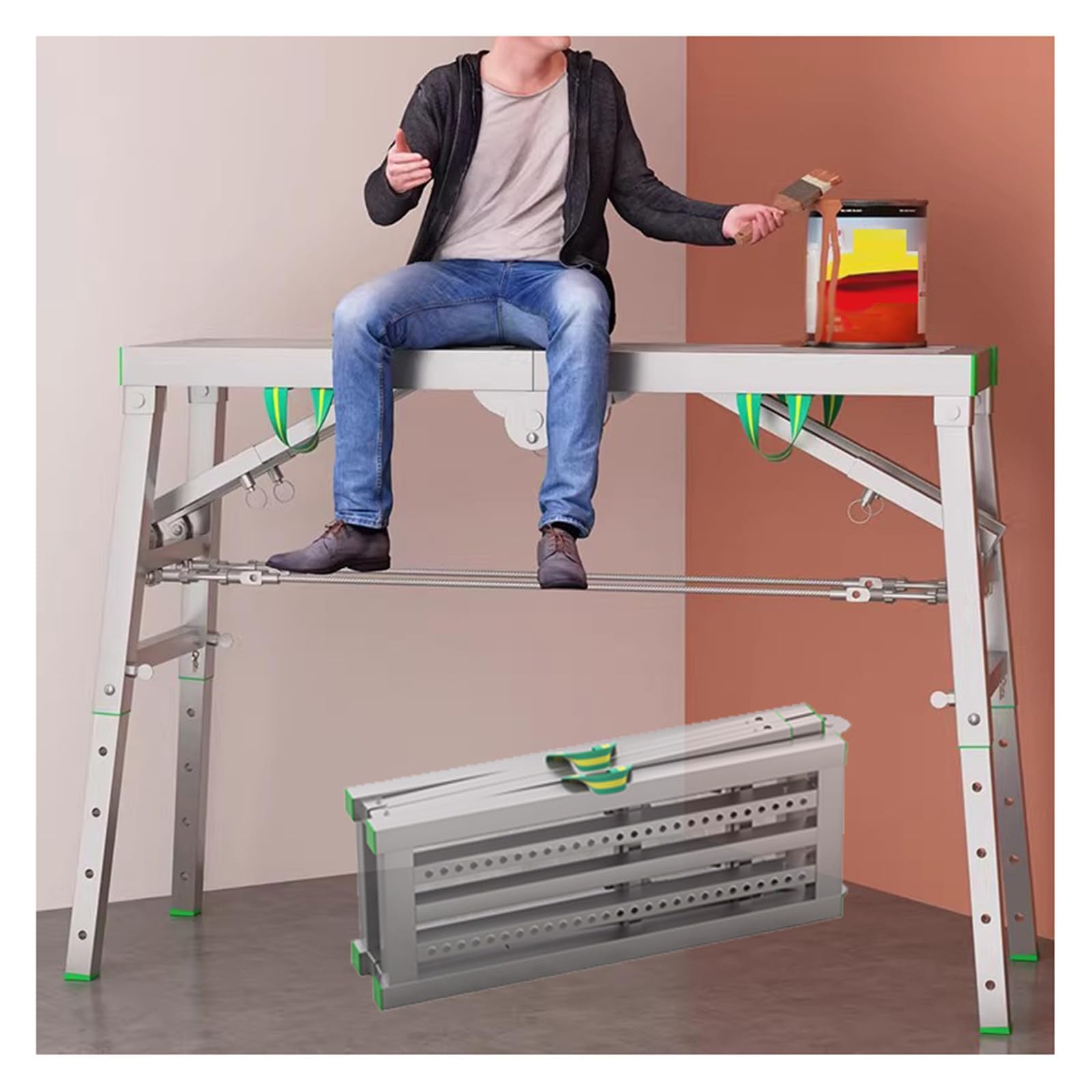 Adjustable working platform, rated to 400kg, portable folding scaffold | 40cm wide | multi-purpose ladder and platform,140 * 40 [Energy Class A]