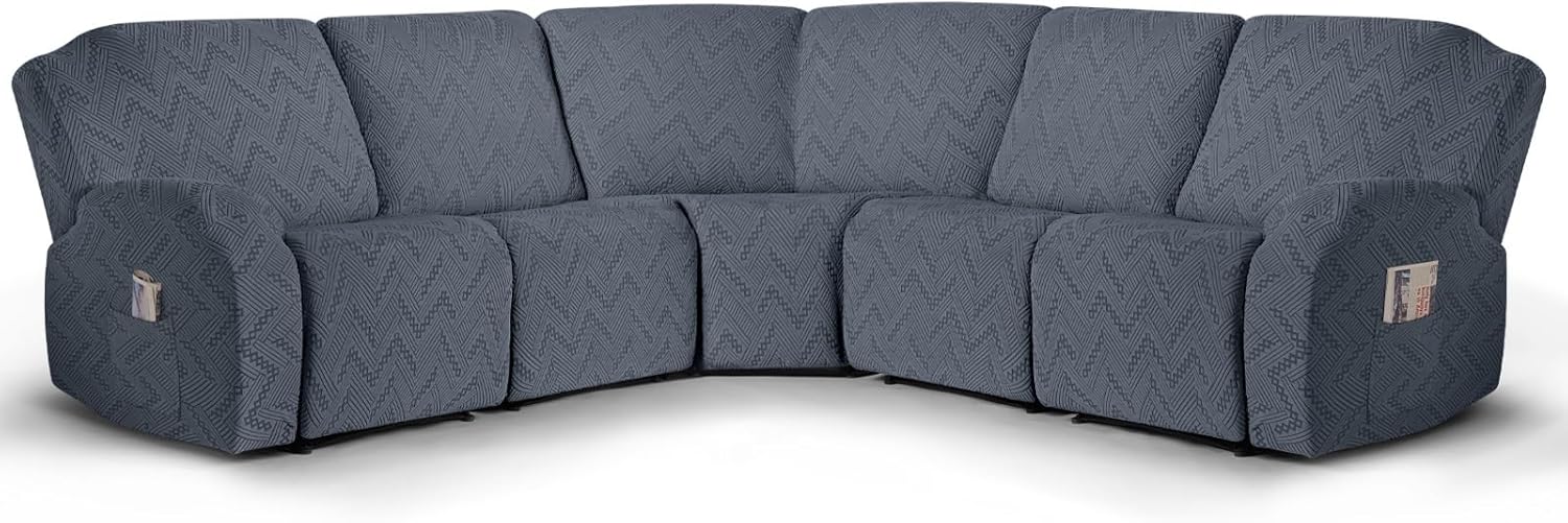Ruaozz Sectional Sofa Covers Oversized L Shape 5 Seat Recliner Couch Covers - Washable Soft Extra Large Sectional Covers with Pockets (Grey) Grey L Shape 5 Seat Recliner Cover