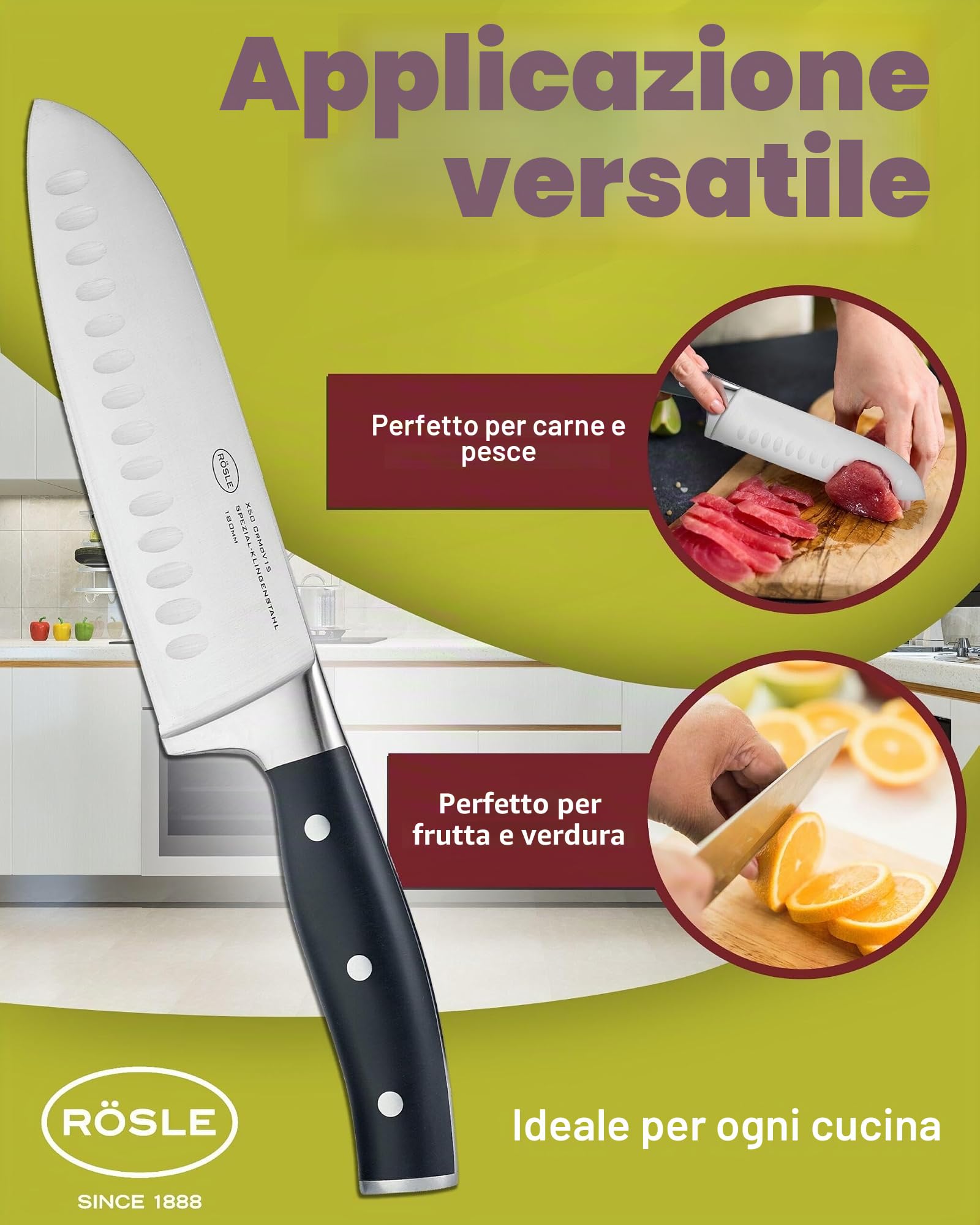 RÖSLE Coltello da chef Tradition per tagliare carne, pesce, pollame e verdura, di alta qualità, con lama dritta in acciaio speciale per lame e manico in resina acetalica nera, protezione per dita