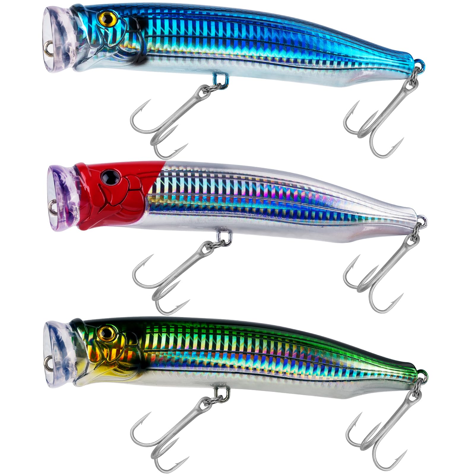 THKFISH Popper Lures Saltwater Tuna Popper Topwater Fishing Lures for Surf Fishing Bass with 3D Eyes for GT Tuna Large Fish 5.9in 1pc/3pcs (3PCS-Blue-RED-GRN)