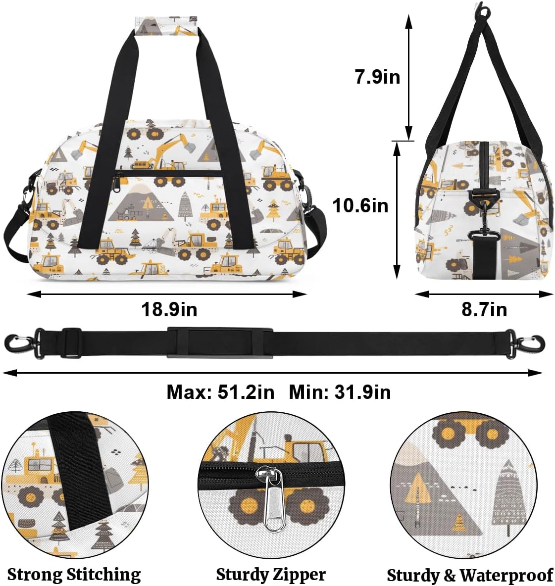 Cartoon Truck Kids Duffel Bag for Boys, Sports Gym Bag Overnight Travel Weekender Bag Lightweight Carry On Sleepovers Bag for School Practice Gymnastics - Image 2