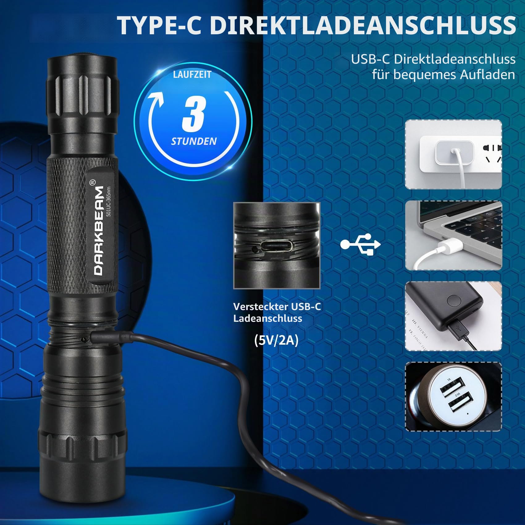DARKBEAM Taschenlampe UV 395nm Schwarzlicht, Mini & Leistungsstarke Wood's Lamp USB-C LED Wiederaufladbares Schwarzlicht, 10W Tragbarer Haustier-Hundeurin-Detektor – Harzhärtung, Fluoreszierend